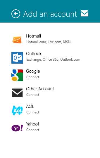 Add account options in Windows 8 Mail