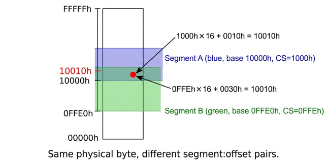 Two overlapping 8086 memory segments showing the same physical address reachable by different segment:offset combinations