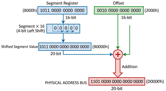 Intel 8086 segment:offset to 20-bit physical address calculation diagram