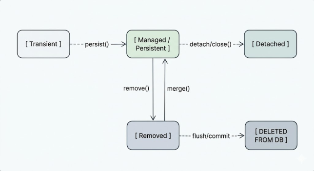 Hibernate 7 entity lifecycle state machine showing transitions between transient, managed, detached and removed states