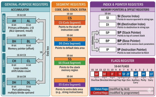 Technical diagram of all 14 Intel 8086 programmer-visible registers showing GPRs, segment registers, index and pointer registers