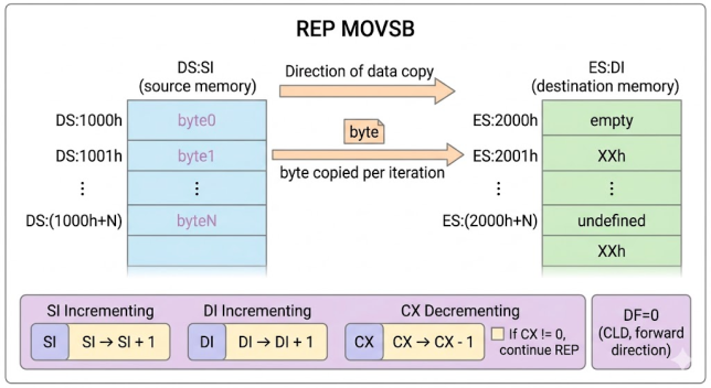 REP MOVSB operation diagram showing source DS:SI, destination ES:DI, CX counter decrementing, and direction flag