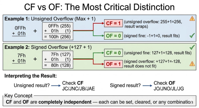 CF and OF independence diagram showing same addition can set one, both, or neither